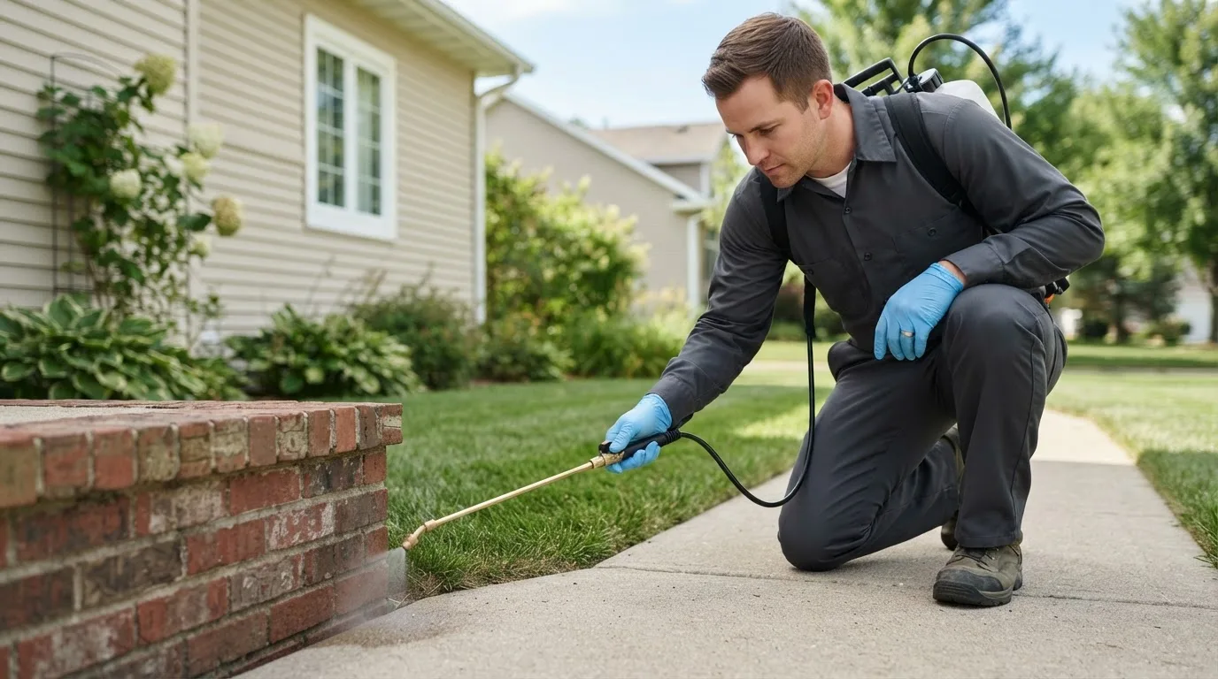 Pest control technician treating a home near West Townsend, MA